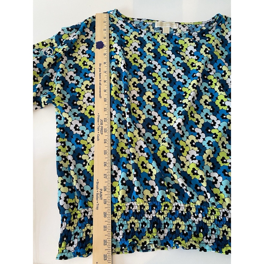 Michael Kors Short Sleeve Blouse Sz Large Smocked Hem Blue Teal Floral Designer - Picture 9 of 9